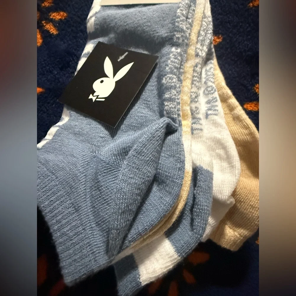 PLAYBOY 5-Pack Ankle Socks- Light Blue, White & Tan New